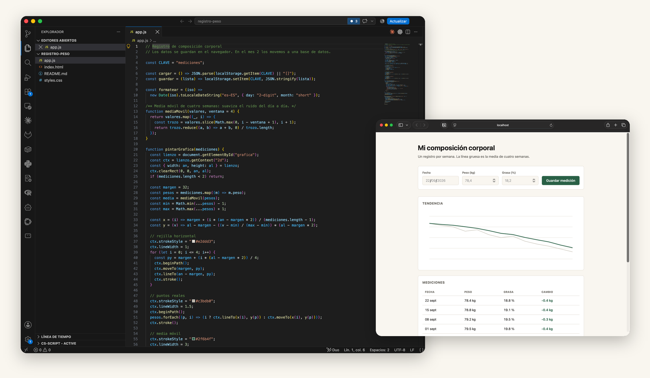 Visual Studio Code con el código de un proyecto de clase a la izquierda y esa misma aplicación funcionando en el navegador a la derecha.